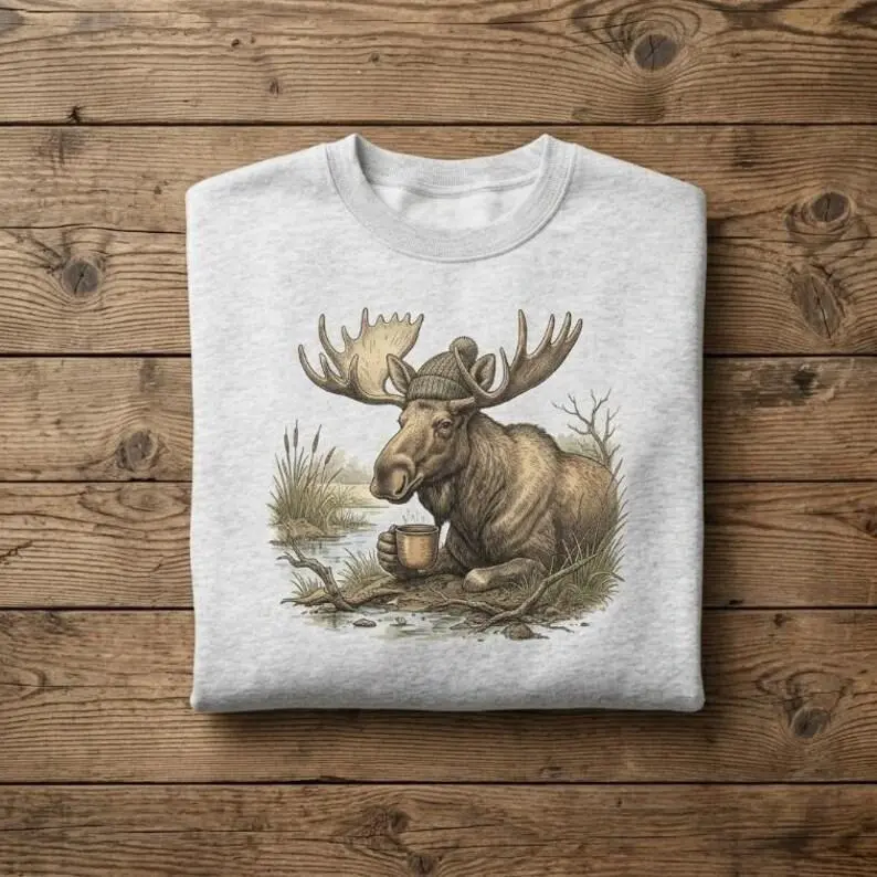 Moose Coffee Shirt Cute Moose Beanie Hat Unisex Sweatshirt Hoodie Vintage Retro Nature Sketch Style Moose Lover Gift