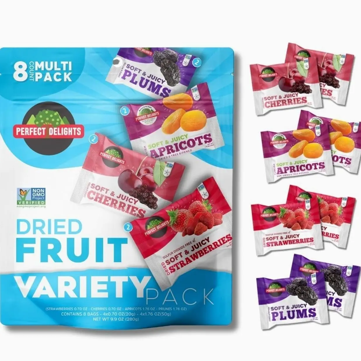 Perfect Delights Multipack Sun-Dried Fruits, Vegan, Healthy Snack Packs, Dried Fruits On-the-Go, Variety Fruit Pack For Kids & Adults, Apricots, Plums, Sour Cherries, Strawberries (8 Pack/ 2 of Each)