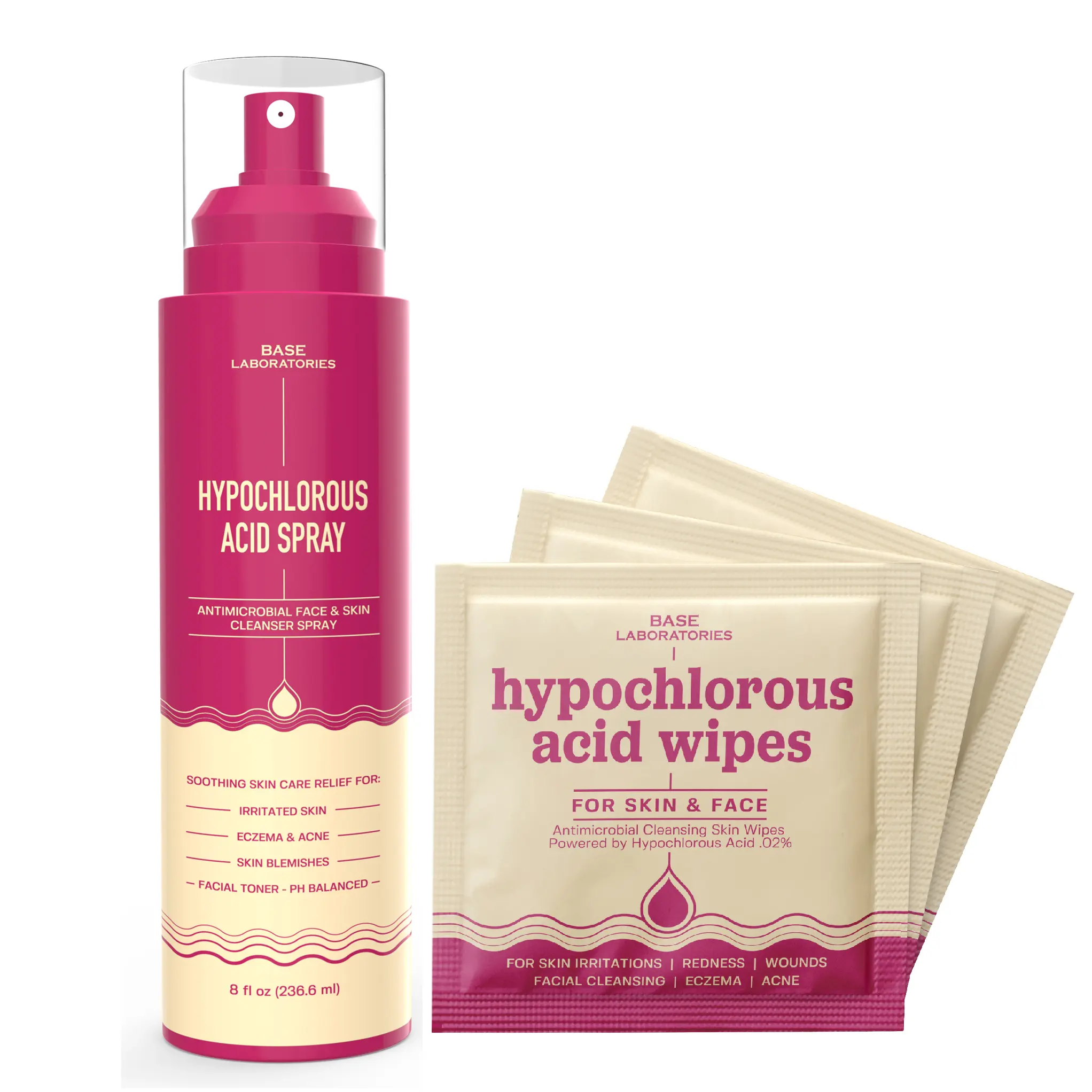 Base Laboratories Hypochlorous Acid Spray & Wipes Bundle - 75 Wipes & 8oz Spray for Acne Eczema Piercings & Irritations Fast Relief for Daily Use Anti Blemish Acne Treatment Kit