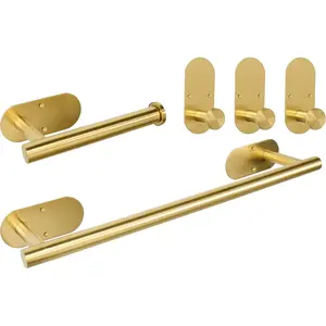 5 Pieces Wall Mounted or Self Adhesive Towel Bar Set, Stainless Steel Bathroom Hardware Set Include 16″ Towel Rack, Toilet Paper Holder, 3 Towel Hook, Sticky Bathroom Accessory Kit (Gold)