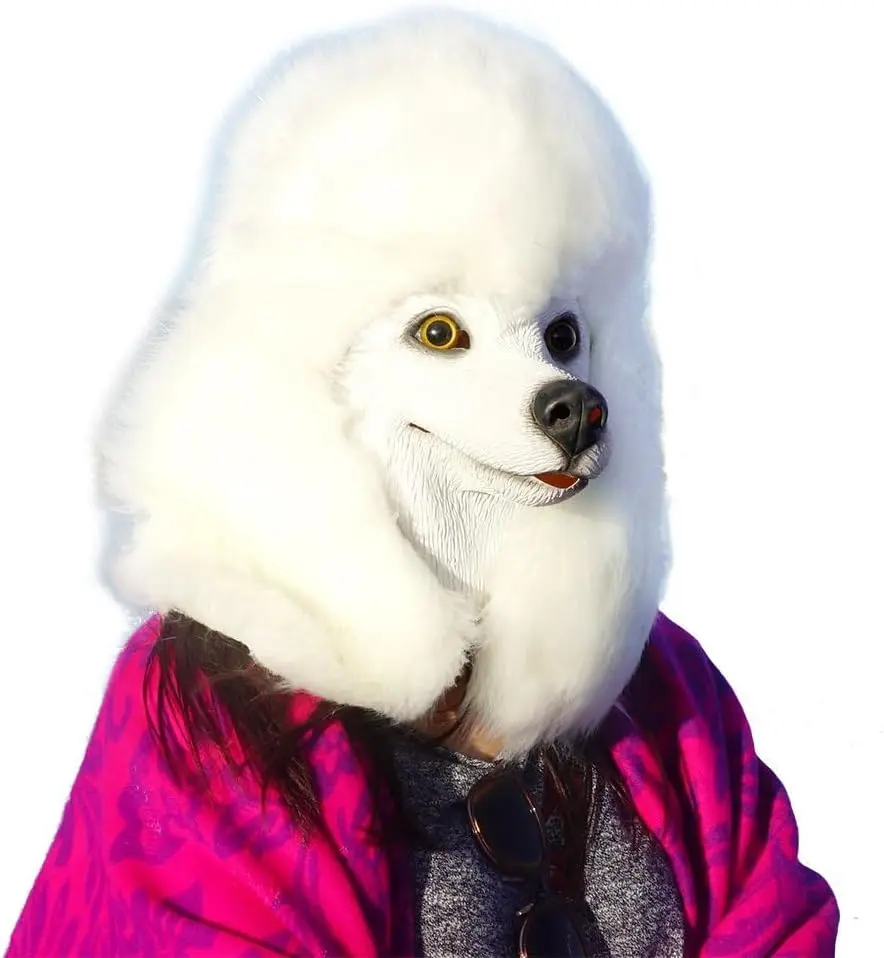 Poodle Head Mask for Adults, Natural Latex Poodle Dog Costume Mask for Halloween Parties and Cosplay, WhiteGift.