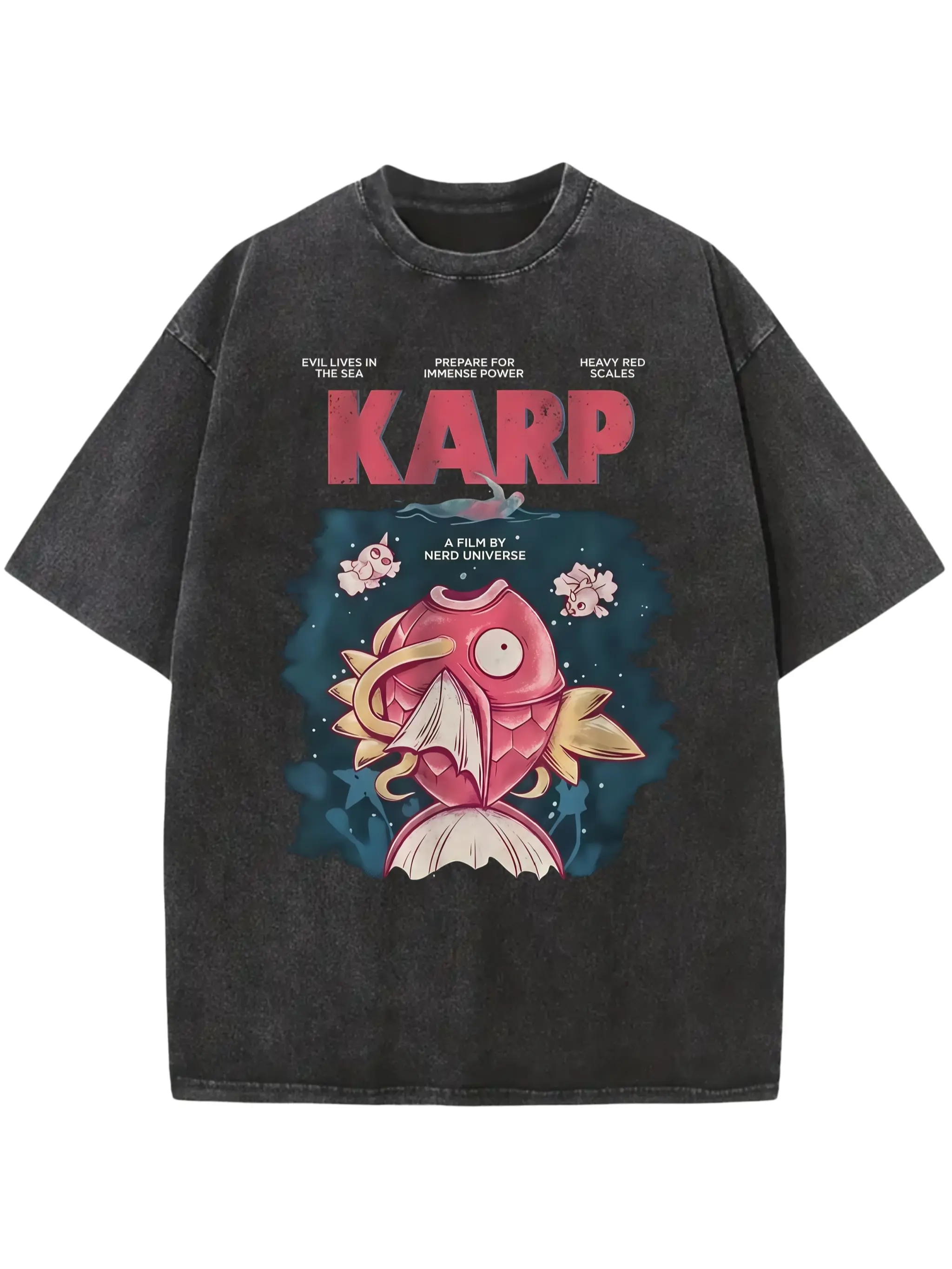Jaws x Magikarp Shirt, Poke Shirt, Anime Shirt, Vintage Graphic Tee Unisex Size S- 3XL, Menswear Top, Womenswear Top, Casual Cotton Crewneck Short Sleeve Streetwear Grey Black