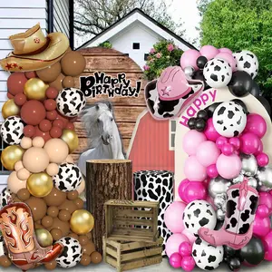 126 pieces/sets Western-themed balloon party decoration sets, horse racing balloon arch wreath sets, pink, rose red, black skin, coffee brown balloons suitable for Derby Festival children, boys and girls, farm cows, wild party Happy Birthday decorations