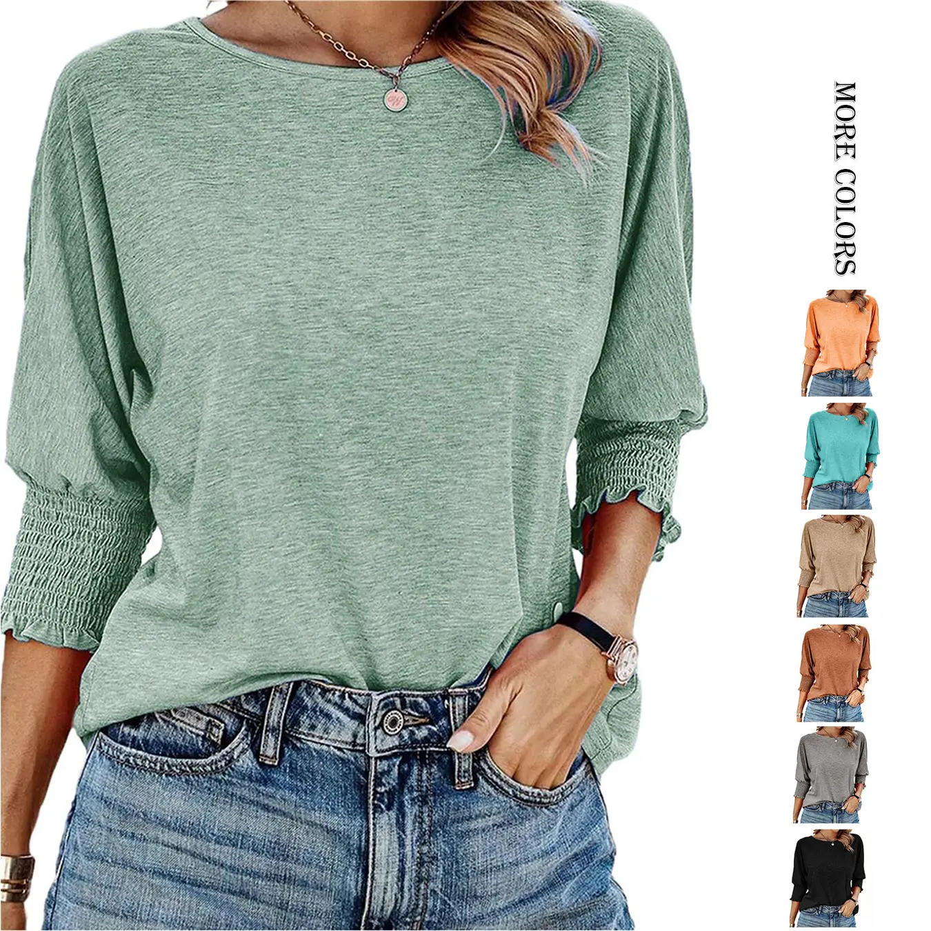 Women's Minimalist 3/4 Batwing Sleeve Top, Comfortable Round Neck Blouse for Business Casual, Fitted Basic Women's Clothes, 2026 Fashion Trends, 3/4 Sleeve, Polyester Blend