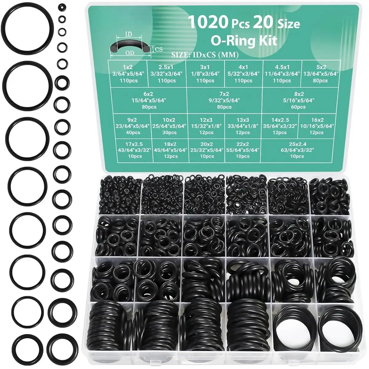 1020counts O Ring Kit 20 Size Nitrile Rubber O Ring Assortment Set for Car Auto Vehicle Repair Faucet Plumbing Air or Gas Sealing Connections Resist O
