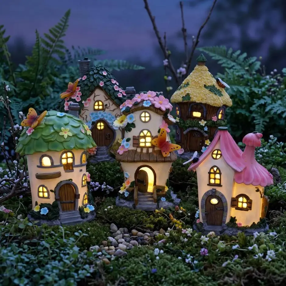 Lighted Enchanting Miniature Resin Fairy Garden Mini Houses Set Pack, Craft Statues with Warm Glow for Outdoor Decor, Micro Landscape Gift Ideas for Her