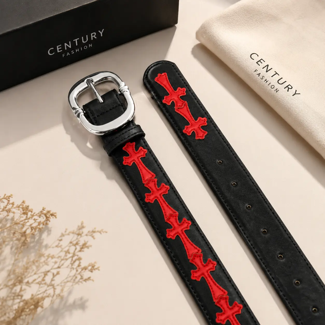 Men's Black Leather Belt with Red Cross Embroidery Adjustable Metal Buckle Casual Fashion Belt