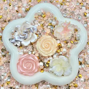 Rosey Blush - Rose Rose Mix - Floral Resin Cabochon Mix with Rhinestones – Assorted Flower Resin Charms for Whipped Cream Glue, Resin Art & Mirror Decoration
