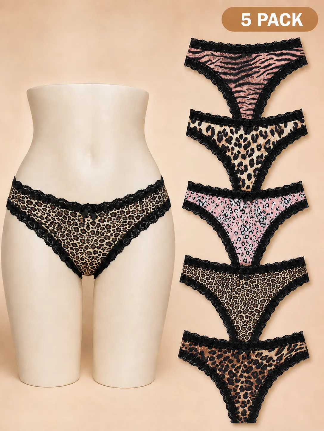 Women's 5-Pack Low-Rise Bikini Bottoms - Leopard & Tiger Print, Black Lace Trim, Bow Detail, Cheeky Hipster Lingerie, Pink & Brown Assorted, Daily Wear Panty Set, Bikini Bottom