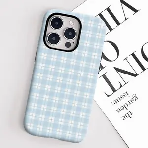Light Blue Checkered Phone Case for Iphone 16 Pro Max, 15 Pro Max, 13, 13 Mini, 12, 11, XS Max, 7, SE2 with a Glossy