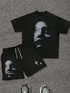 Men's Graphic Tee & Shorts Set, Regular Fit Casual Short Sleeve T-shirt & Drawstring Waist Shorts, Men's Summer Clothes for Daily Wear, Menswear