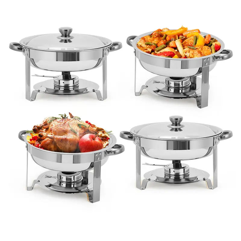 Pack of 4 Round Chafing Dish Buffet Set, 5 Quart Stainless Steel Deep Pans Chafer Dish with Water Pan, Fuel Holder, Buffet Servers for Party Catering stainless steel chafers