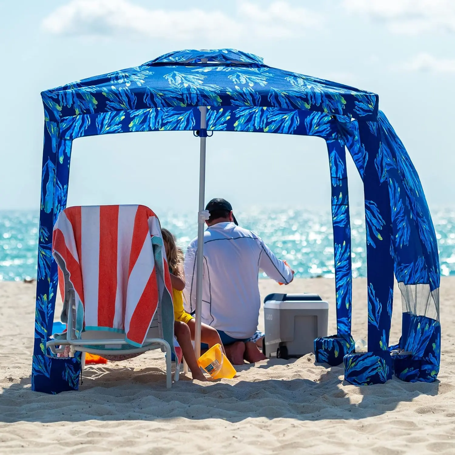 AMMSUN 6.5ft x 6.5ft Striped Beach Cabana for Family, Portable and Stable Shaded Canopy with UPF 50+ Protection, Removable Sidewall, Sand Pockets and Mesh Pocket, Lightweight Canopy, Water Resistant, 1 X Removable Sidewall, Instant Portable Canopy, Beach