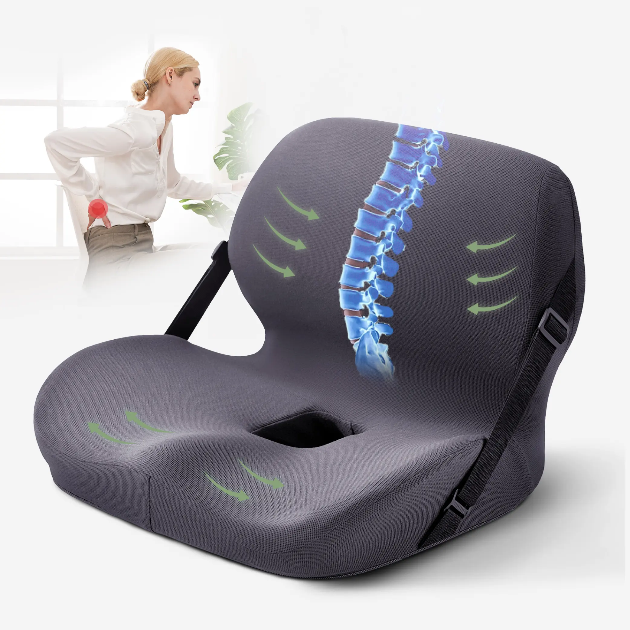 Non-Slip Memory Foam Seat Cushion with Back Support – Ergonomic, Skin-Friendly, Breathable Mesh, Washable Cover, for Office, Car, Home & Outdoor Use
