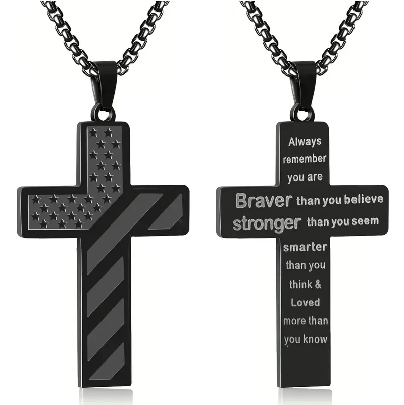 Men's Cross Necklace: Bible Verse & American  Flag Pendant | Stainless Steel Patriotic Faith Chain - Bold Gift for Him men boy black tone Strength Inspiration