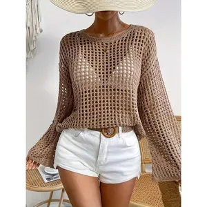 Women’s solid-color openwork crochet sweater, summer casual long-sleeve boat-neck sweater, fashionable women’s knitwear for everyday wear, topGARMENTARY