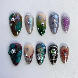 Dreamy Green Fall Press On Nails long almond nails/gothic nails/3D Chrome nails/Metallic silver nail/ Sun Star Nails/Y2k nails/Gyaru nails