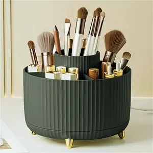 Rotating cosmetic storage box with a premium look for desktop vanity; includes compartments for eyeshadow, lipstick boxes, pen holders, and makeup brush organizers; suitable for home, kitchen, and bathroom supplies.