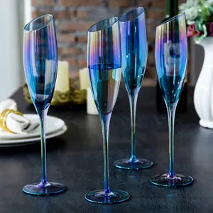 Blue Iridescent Champagne Glass Flutes, Set of 4