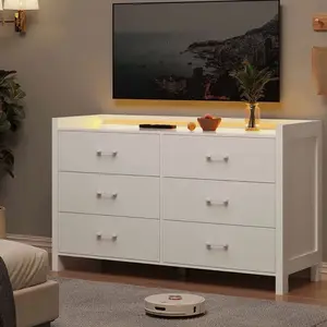 6 Drawer Double Dresser with LED Lights Chest of Drawers for Bedroom, Hallway
