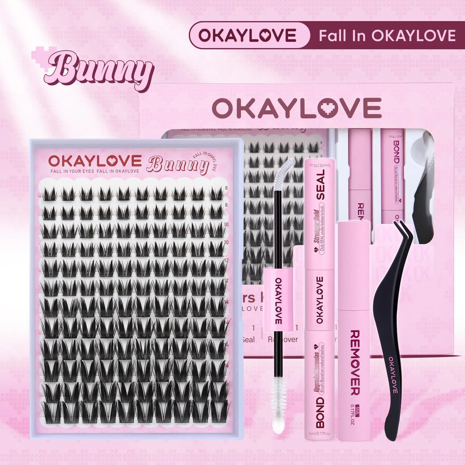 OKAYLOVE Bunny | Bunny Lite Lash Clusters Kit Mang Lash Extension Kit  Lightweight Eyelashes Clusters with Waterproof Long-lasting Lash Bond and Seal,Tweezers and Remover for DIY Eyelash at Home Easily, Natural Makeup Girl Gifts