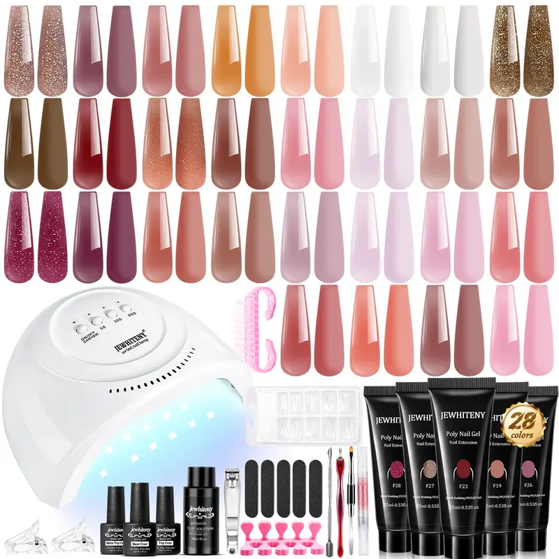 JEWHITENY 28pcs Lightweight Poly Gel Nail Kit - Nude Pink,Brown,Orange,Rose Red,Glitter Shades with Lamp,Base/Top Coat,Brush - Salon-Quality Set for Beginners, Ideal for DIY Nails at Home,Gel X at Home,familyfun