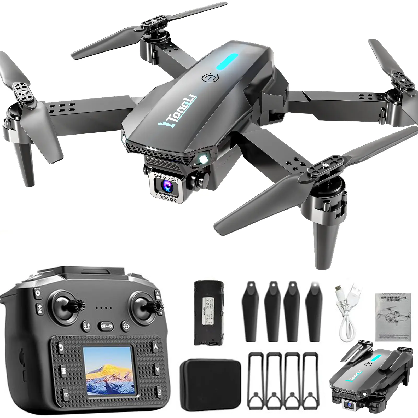 Tongli Upgraded Folding RC Quadcopter Drone - Large LCD Screen Remote Control, Dual HD Cameras, WiFi FPV, Portable, 1-Key Takeoff & Landing, Stunt Flips, Accessories Included, Festival Gift for Kids 8-14 Years Old