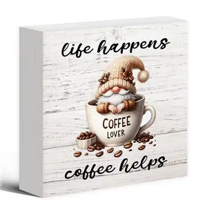 Coffee Dwarf Pattern Desktop Plaque, Coffee Helps Life Happens Letter Pattern Desktop Decoration, Home Decor for Coffee Lovers, Kitchen and Coffee Bar, Signs, Decorative Plaque