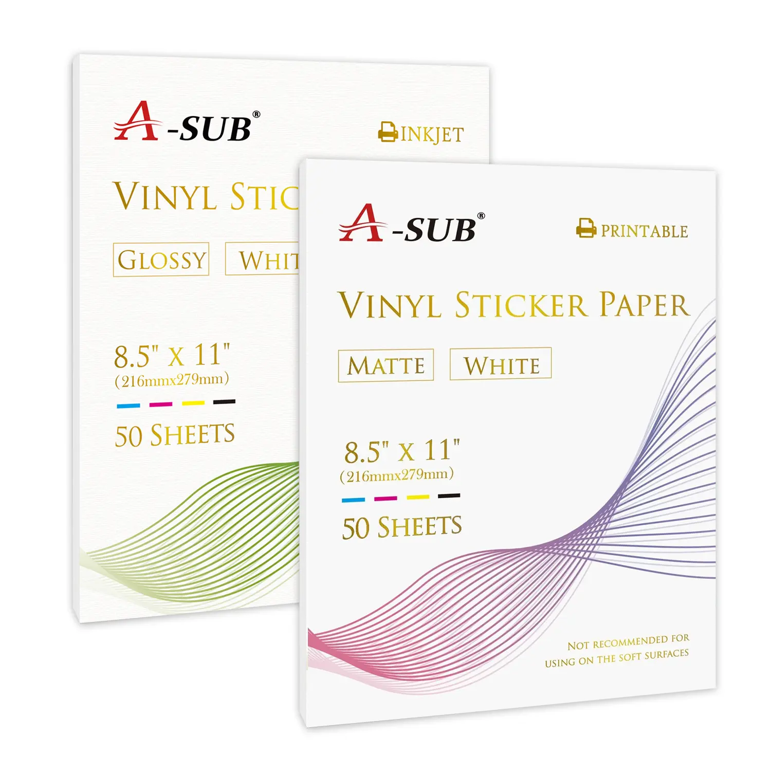 A-SUB Premium 50-Sheet Glossy & Matte Vinyl Sticker Paper 8.5x11 Waterproof Inkjet Compatible for DIY Crafts & Vibrant Prints