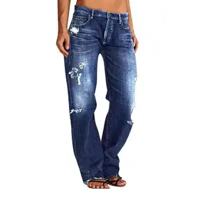 Women's Ripped Jeans Mid Rise Straight Leg  Jean Plus Size Boyfriend Jeans Baggy Flare Pants 90s Hippie Clothes