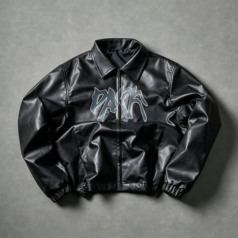 Men’s dark graffiti letter print cropped faux leather jacket, turn-down collar zip-up PU street outerwear, hip-hop retro windproof top, casual dark skate streetwear jacket, available in multiple colors.