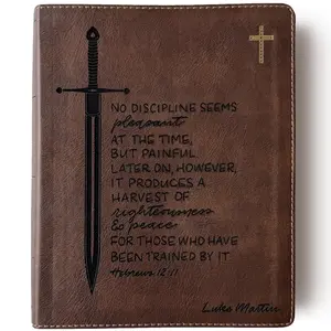 Personalized NIV Journaling Bible - Brown, Gold Cross - Sword and Harvest of Righteousness - Hand Lettered and Engraved