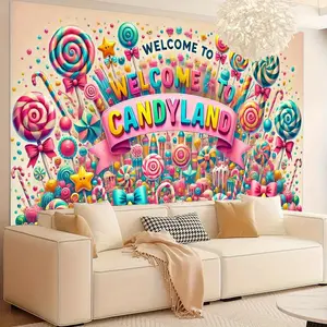 1pc 2D Flat Welcome to Candyland Durable Polyester Background - Vibrant Candy-Themed Party Decor for Birthdays, Graduations, Weddings, and Family Gatherings - Perfect for Living Rooms and Gardens, Banners White
