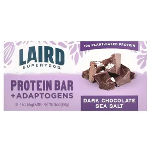 Laird Superfood Superfood Protein Bar + Adaptogens, Dark Chocolate Sea Salt, 10 Bars, 1.6 oz (45 g) Each