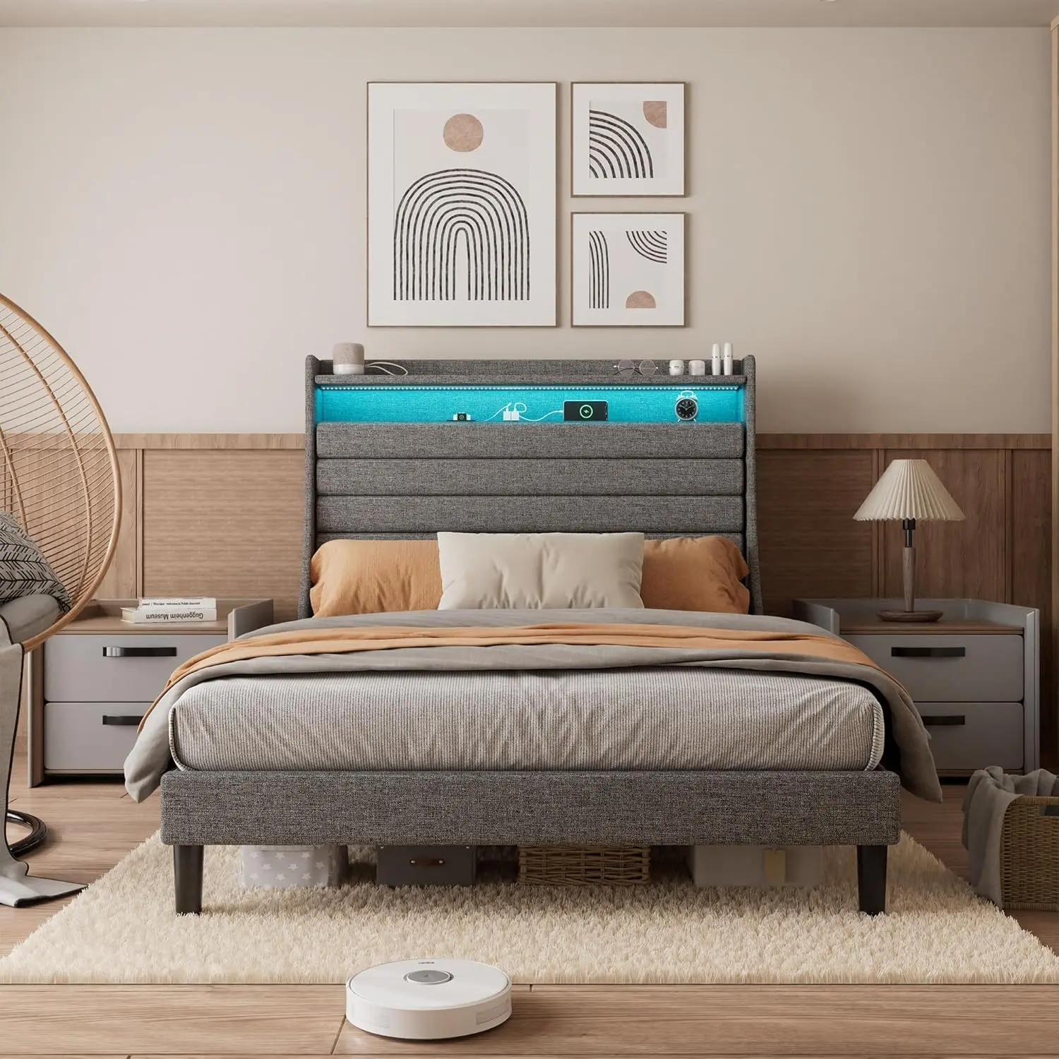 Fabric Upholstered Full-Size High Headboard with Storage Rack, MDF Construction, Linen Fabric & Sponge Padding, Horizontal Stripes Design, Easy Setup, Mattress-Supporting for Soft Beds, Fabric Upholstered Headboard