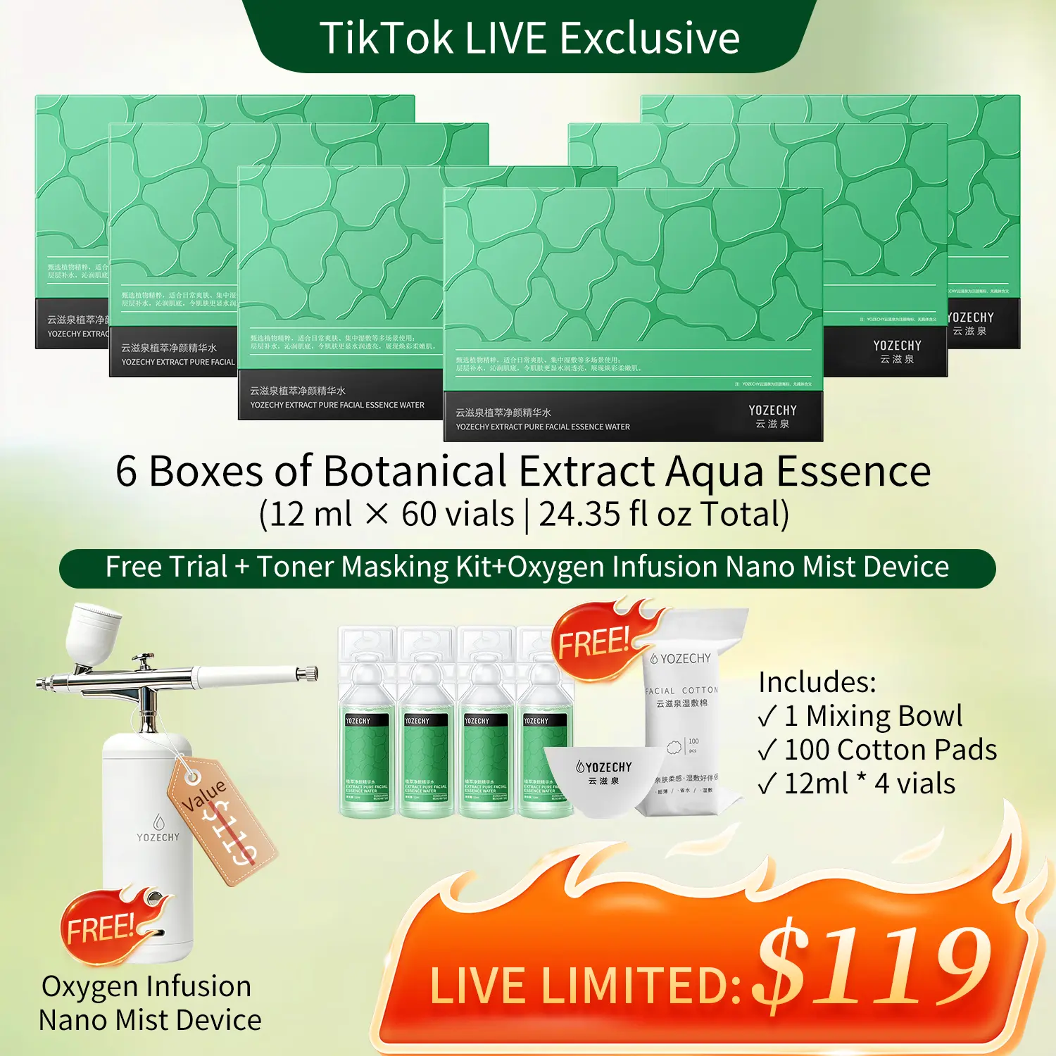 【Free Nano Mist Device】Botanical Calming & Revitalizing Aqua Essence, 12ml x 60 Vials,Free Nano Mister, Free Toner Masking Kit,