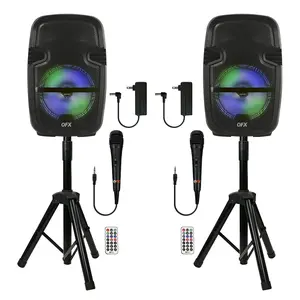 QFX PBX-808TWS Dual 8-Inch Portable Bluetooth PA Speaker System with Stands, Wired Mics, Remotes, USB/FM/TWS/LED QFX USA