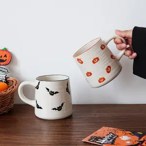 Halloween Ceramic Mug Set, Pumpkin & Bat Design Coffee Cups, Perfect for Home Decor, Parties, Breakfast Drinks, Gifts, Stylish Coffee Mugs, Ceramic Drinkware