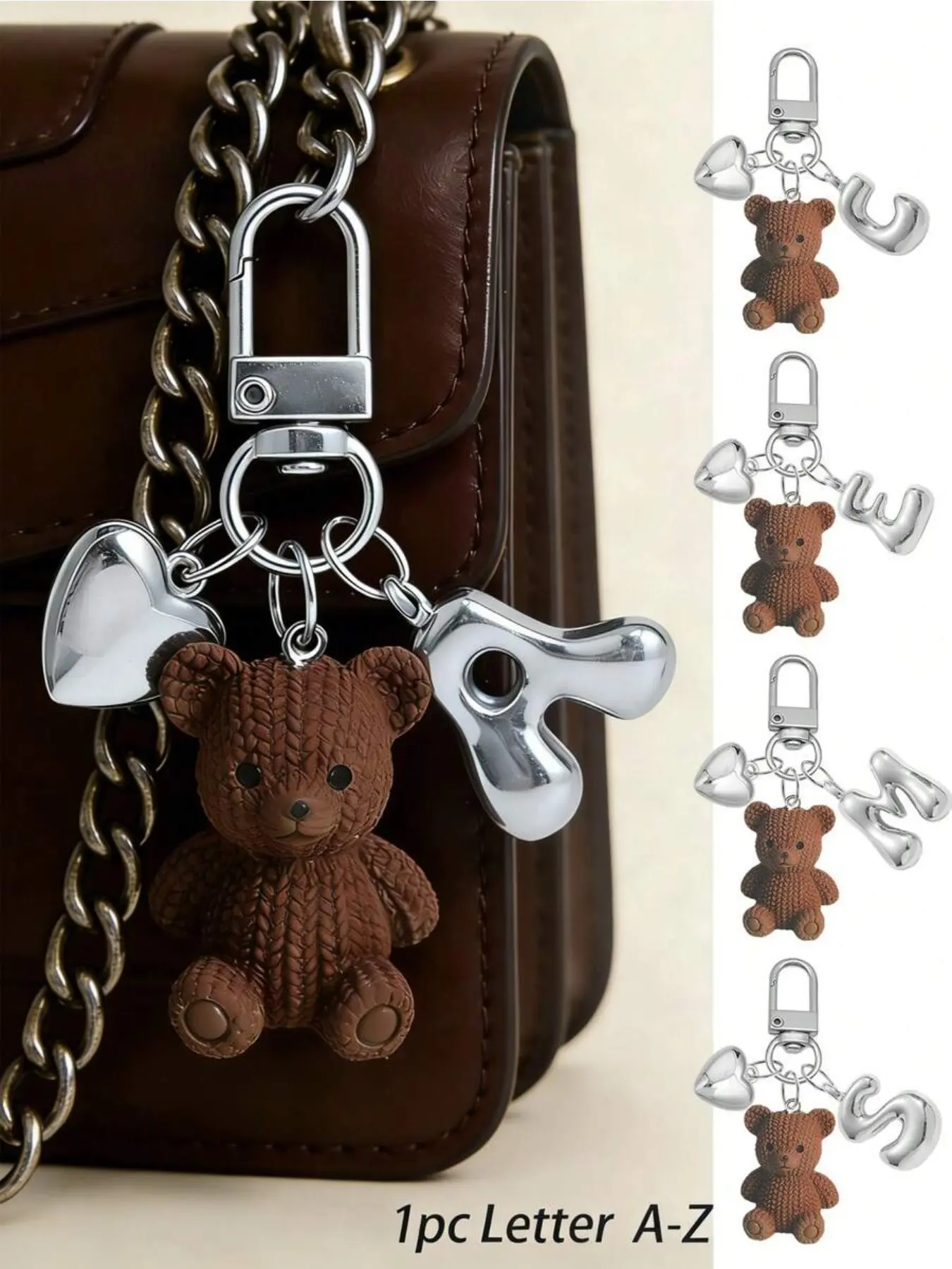 1pc Letter Teddy Bear Keychain, Keychain & Keyrings For Bags, Silver Bubble Letter A-Z Keychain, Teddy Bear Bag Charm Suitable For Handbag, Wallet, Backpack, Travel Bag, Daily Use And Decorative Gift, Fashion Accessory For Women And Girls