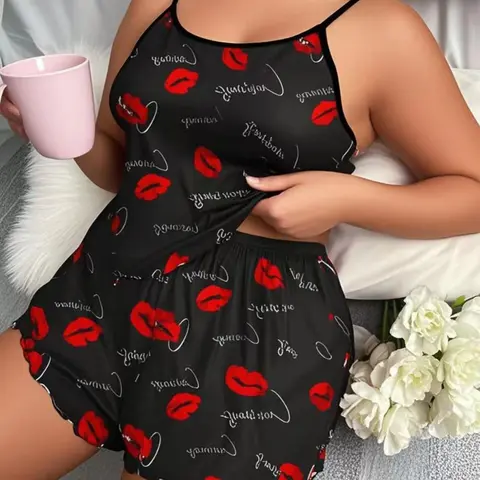 【Plus Size】 Women's Heart Print Pyjama Set, Casual Comfy Cami Top & Elastic Waist Shorts Pj Set, Women's Sleepwear for Summer