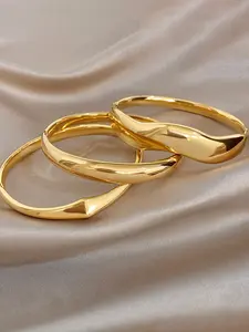 3pcs Set 316 Stainless Steel Gold Tone Minimalist Geometric Bangles, Waterproof Tarnish Resistant Polished Stackable Bracelets for Daily Wear & Fashion Gift