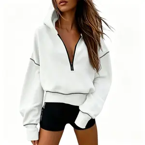 AIbart Women's Loose Fit Cropped Sweatshirt, Long Sleeve Half-Zip Hooded Pullover for Autumn Everyday Style