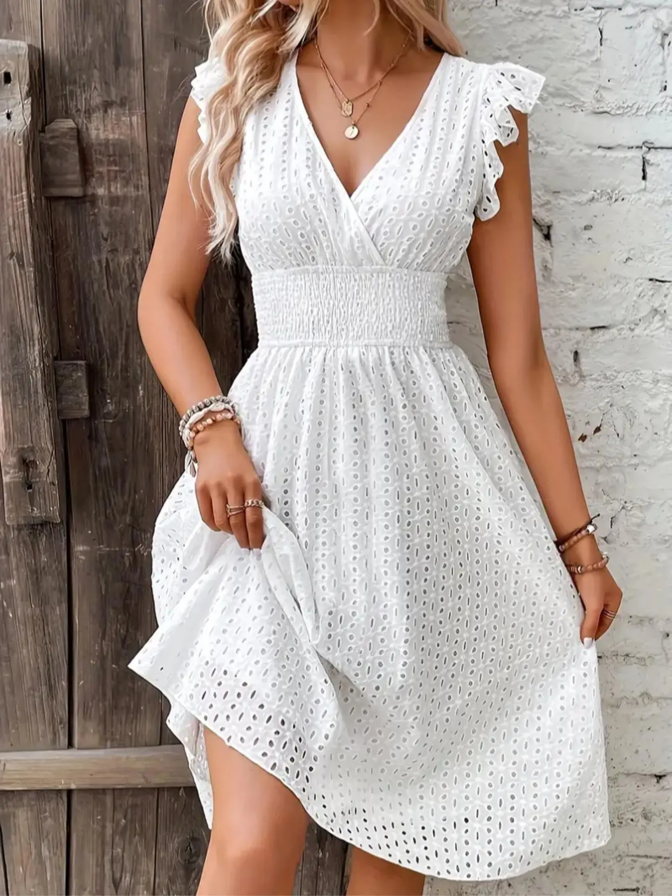 Women's Summer Fashion Slimming V-Neck Short Sleeve Lace Bohemian Elegance Vacation Dress, Casual Fitted Dress for Women, Boho, Womenswear Style, Boho Casual Comfy, Casual Boho Elegant, Boho Style Clothes