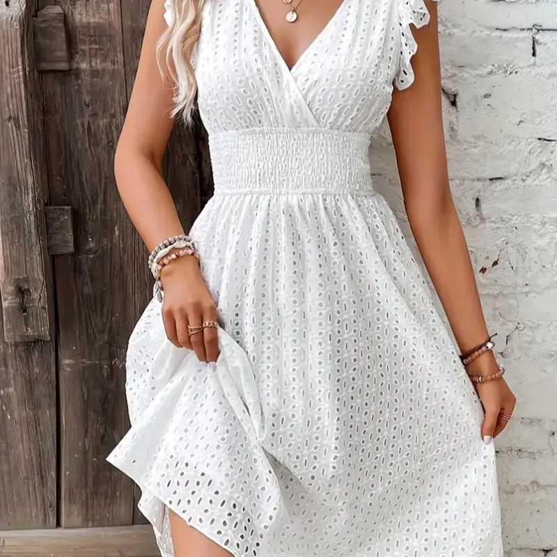 Women's Summer Fashion Slimming V-Neck Short Sleeve Lace Bohemian Elegance Vacation Dress, Casual Fitted Dress for Women, Boho, Womenswear Style, Boho Casual Comfy, Casual Boho Elegant, Bohemian Chic Casual