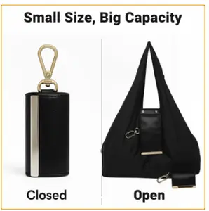Keychain Tote Bag Foldable Expandable Leather Mini Bags with KeyRing Portable Handbag for Daily Errands Small Size Big Capacity