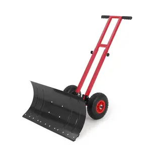 Garvee Snow Shovel with Wheels, 29" x 14.2" Back-Saving Snow Pusher with Adjustable Double Handle, 5-Position & Rubber Wheels, Metal Plow Blade for Driveway, Sidewalk, Patio, Black/Red, Heavy-Duty