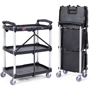VEVOR Foldable Utility Service Cart, TikTokShopBlackFriday, 3 Shelf 165LBS Heavy Duty Plastic with Lockable Wheels, Ergonomic Handle, Ideal for Warehouse, Office & Home Use High Capacity Swivel Casters VEVOR Super Brand Day