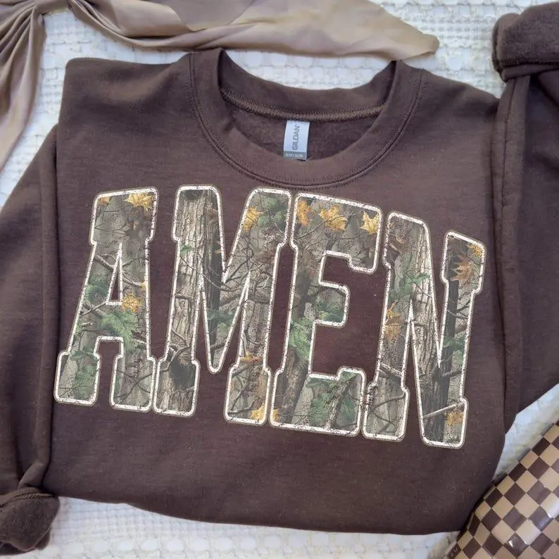 Camo Amen Sweatshirt, Retro Christian Collegiate Crewneck, Southern Faith Style Pullover, Gift for Christian Women, Bible Verse Sweater, Retro Religious Shirt