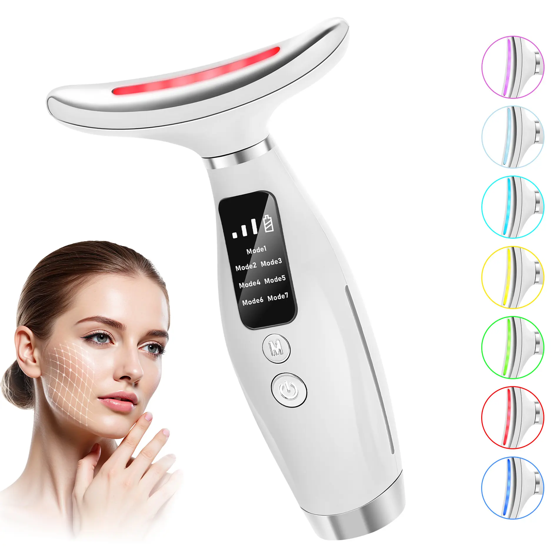 Women's 7-Color LED Facial & Neck Massager - Single Item Facial Slimming & Massage Tool, Light Therapy & Portable Vibratory Vibration Massage Device for Lifting, Double Chin Care, Facial Slimming & Massage Tools