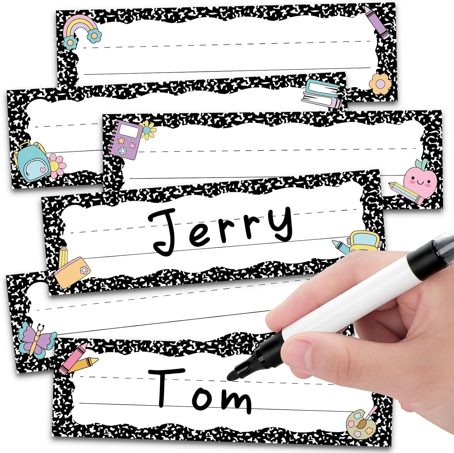 72 count Composition Notebook School Name Tags for Classroom Desks in 6 Styles Composition Classroom Decor 9 x 3 Inches Desk Nameplates for Student Name Tag Labels
